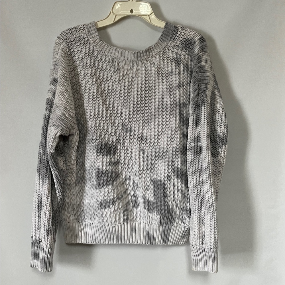 PINK Victorias Secret Gray White Knit V Neck Tie Dye Chunky Sweater Sz L - Picture 3 of 10